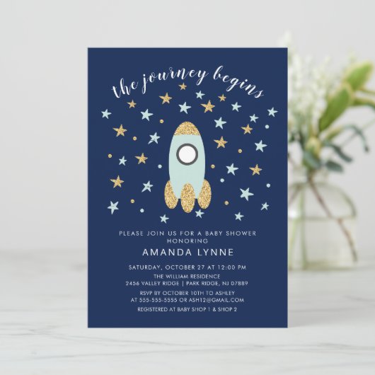 Journey Begins Rocket Boys Baby shower Uitnodiging (Staand voorkant)