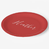 Jouw aangepaste witte script op rood papieren bordje (Gekanteld)