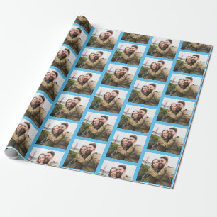 Jouw enkele foto-patroon op blauwe gepersonaliseer cadeaupapier