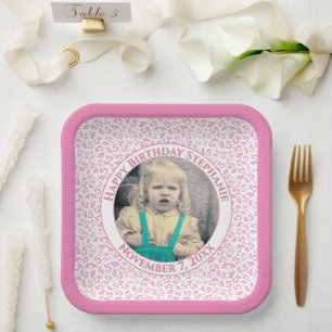 Jouw foto 45 Willekeurig nummerpatroon Roze/Wit  Papieren Bordje