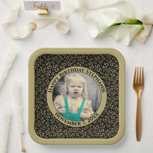 Jouw foto 55 Willekeurig nummerpatroon Zwart/Goud Papieren Bordje (Huwelijk)
