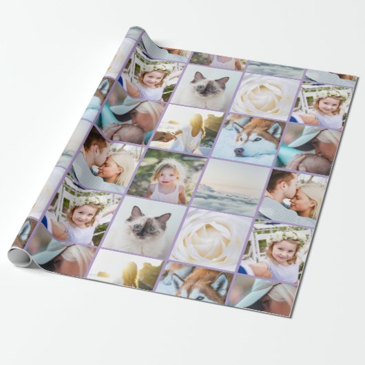 Jouw foto aangepaste rastercollage lavendelpaars cadeaupapier (Uitgerold)