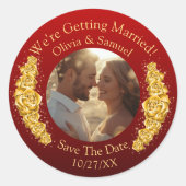 Jouw foto, bewaar de datum, gouden bloemen donkerr ronde sticker (Voorkant)