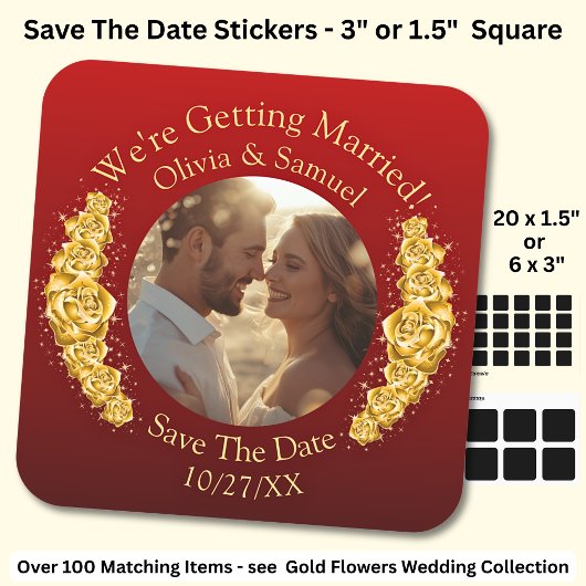 Jouw foto, bewaar de datum, gouden bloemen donkerr vierkante sticker