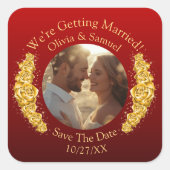 Jouw foto, bewaar de datum, gouden bloemen donkerr vierkante sticker (Voorkant)