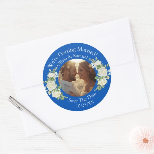 Jouw foto, bewaar de datum, kobaltblauw en wit ronde sticker (Envelop)