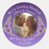 Jouw foto, bewaar de datum, paarse mauve bloemen ronde sticker (Voorkant)