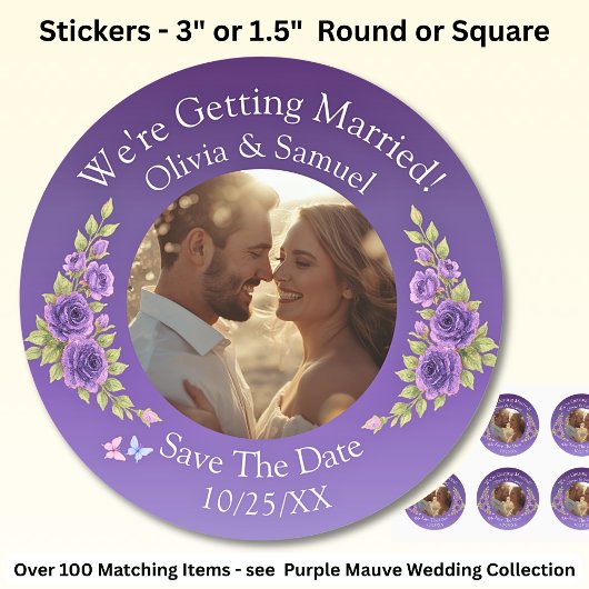Jouw foto, bewaar de datum, paarse mauve bloemen ronde sticker