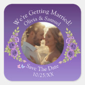 Jouw foto, bewaar de datum, paarse mauve bloemen vierkante sticker (Voorkant)
