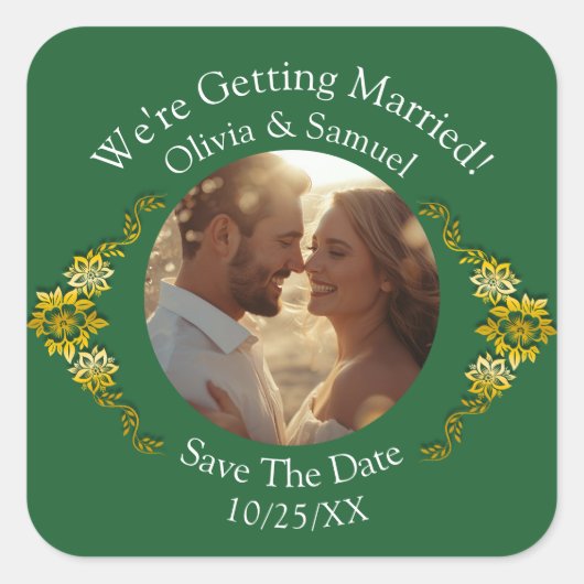 Jouw foto, bewaar de datum, smaragdgroen en goud vierkante sticker (Voorkant)
