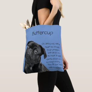 Jouw foto en woorden Zwarte Pug Puppy met Gedicht Tote Bag