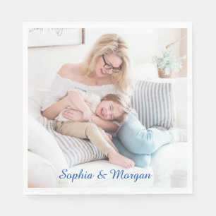 Jouw foto & naam/namen in blauwe script servet