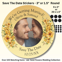 Jouw foto & namen, save the date, goudgeel ronde sticker