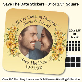 Jouw foto & namen, save the date, goudgeel vierkante sticker