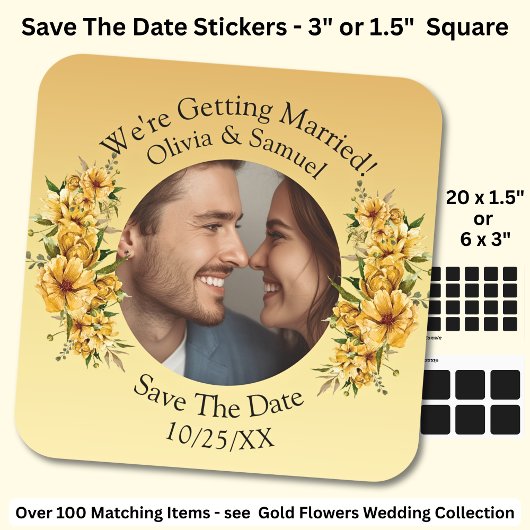 Jouw foto & namen, save the date, goudgeel vierkante sticker