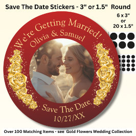 Jouw foto, save the date, gouden bloemen donkerroo ronde sticker