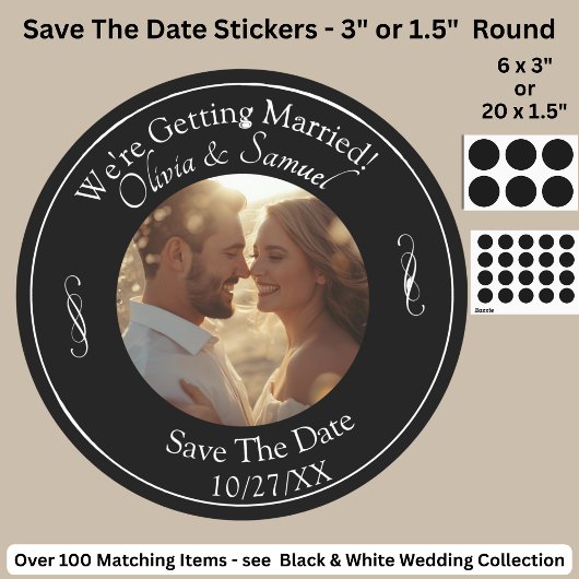Jouw foto, save the date, zwart-wit oneindigheid ronde sticker