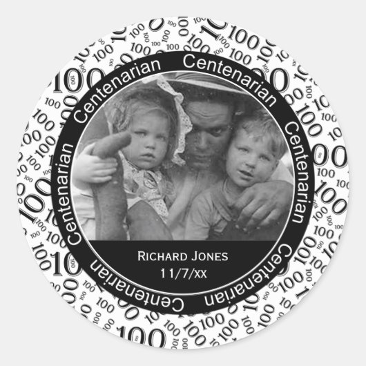 Jouw foto - Zwart/Wit Centenarian Herdenking Ronde Sticker (Voorkant)