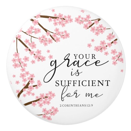 Jouw Grace is voldoende Bijbelse Cherry Blossom. Keramische Knop (Voorkant)