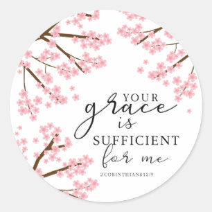 Jouw Grace is voldoende Bijbelse Cherry Blossom. Ronde Sticker