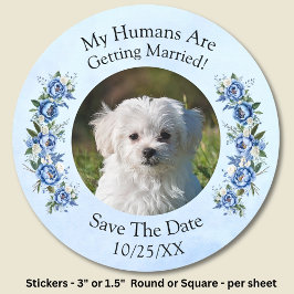 Jouw huisdier foto - Save The Date - Blauwe Pioen Ronde Sticker