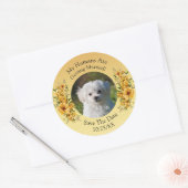 Jouw huisdier foto, save the date, goudgele flora ronde sticker (Envelop)