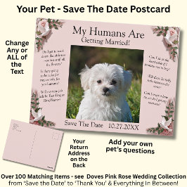 Jouw huisdier foto save the date roze rozen & duiv briefkaart