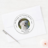 Jouw huisdier foto, save the date, zwart en wit ronde sticker (Envelop)