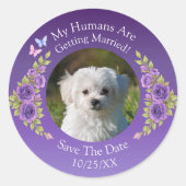 Jouw huisdierfoto, bewaar de datum, paarse mauve b ronde sticker (Voorkant)