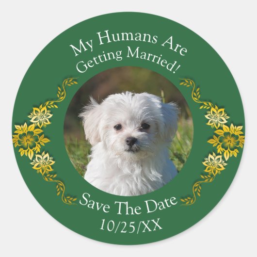 Jouw huisdierfoto, bewaar de datum, smaragdgroen & ronde sticker (Voorkant)