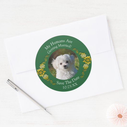 Jouw huisdierfoto, bewaar de datum, smaragdgroen & ronde sticker (Envelop)