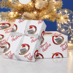 Jouw Kat Foto Rood Goud Meowy Kerstmis Cadeaupapier