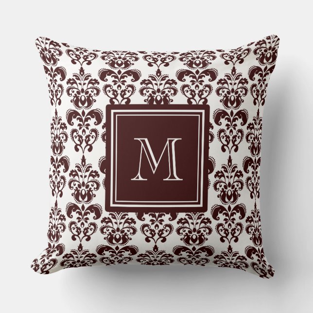 Jouw monogram, bruin Damask Patroon 2 Kussen (Voorkant)