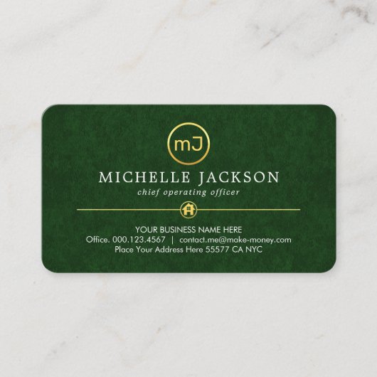 Jouw monogram op luxe groene grunge visitekaartje (Voorkant)