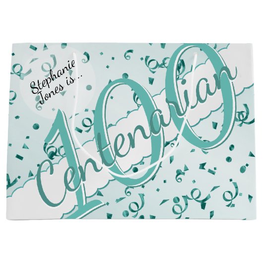 Jouw naam - 100 jaar honderdjarig Blauwgroen/wit Groot Cadeauzakje (Voorkant)