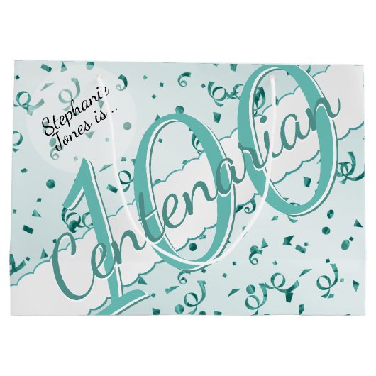 Jouw naam - 100 jaar honderdjarig Blauwgroen/wit Groot Cadeauzakje (Achterkant)