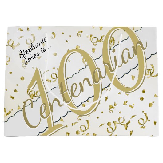 Jouw naam - 100 jaar honderdjarig goud/wit groot cadeauzakje (Voorkant)