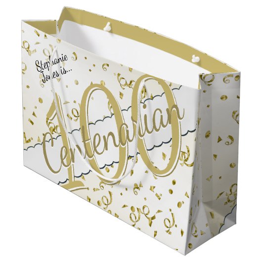 Jouw naam - 100 jaar honderdjarig goud/wit groot cadeauzakje (Achterkant Gekanteld)