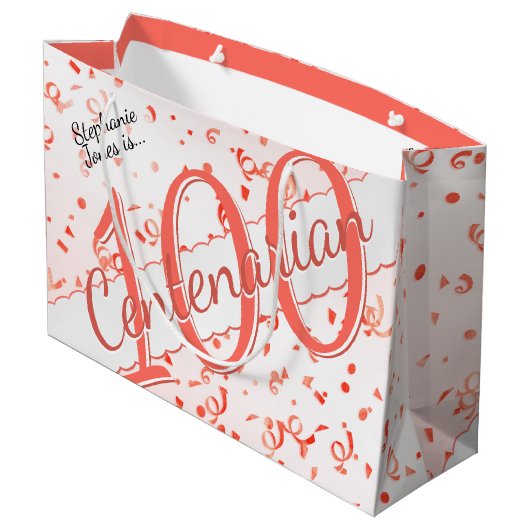 Jouw naam - 100 jaar honderdjarig koraal/wit groot cadeauzakje (Achterkant Gekanteld)