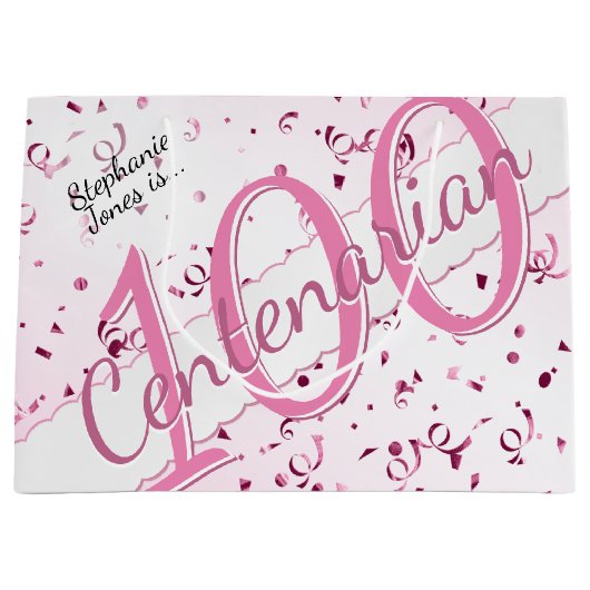 Jouw naam - 100 jaar honderdjarig roze/wit groot cadeauzakje (Voorkant)