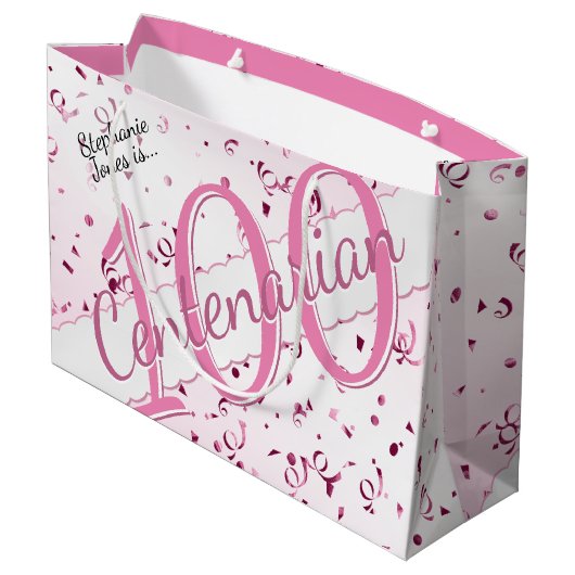 Jouw naam - 100 jaar honderdjarig roze/wit groot cadeauzakje (Achterkant Gekanteld)