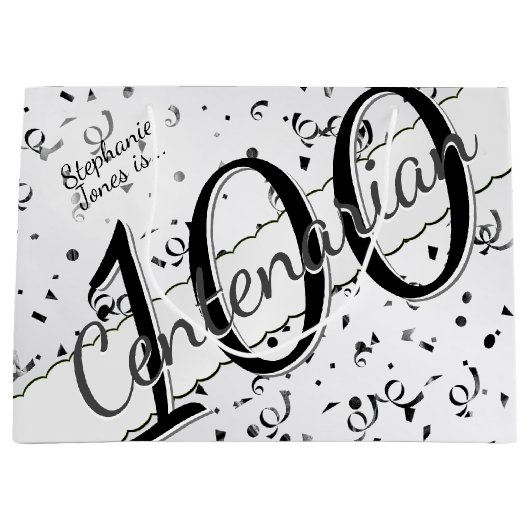 Jouw naam - 100 jaar honderdjarig zwart/wit groot cadeauzakje (Voorkant)