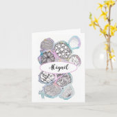 Jouw naam, abstracte doodle kunst met roze en blau kaart (Gele Bloem)