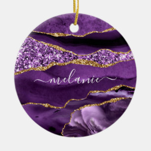 Jouw naam Agate Paars Violet Gold Glitter Marmer Keramisch Ornament