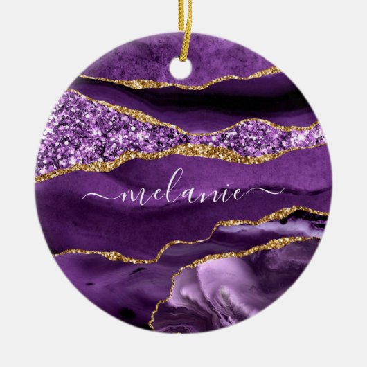 Jouw naam Agate Paars Violet Gold Glitter Marmer Keramisch Ornament (Voorkant)