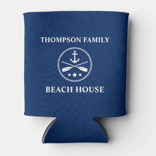 Jouw naam Beach House Anker & Oars Navy Blue Blikjeskoeler (Voorkant)