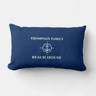 Jouw naam Beach House Compass Anchor Blue Kussen