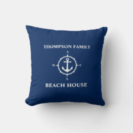 Jouw naam Beach House Compass Anchor Blue Kussen