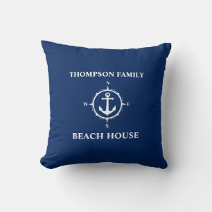 Jouw naam Beach House Compass Anchor Blue Kussen