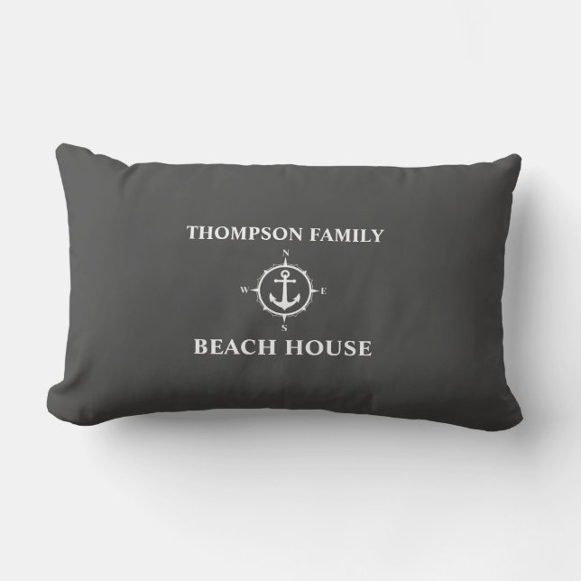 Jouw naam Beach House Compass Anchor Grey Kussen (Voorkant)